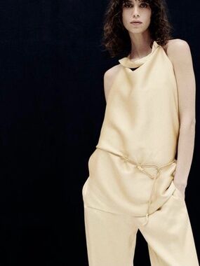 Zara Draped Halter Neck Crossed Straps Back Satin Effect Asymmetrical Golden